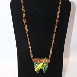 Yellow Lizard Hanging from Log and Leaves Beaded 30" Necklace
